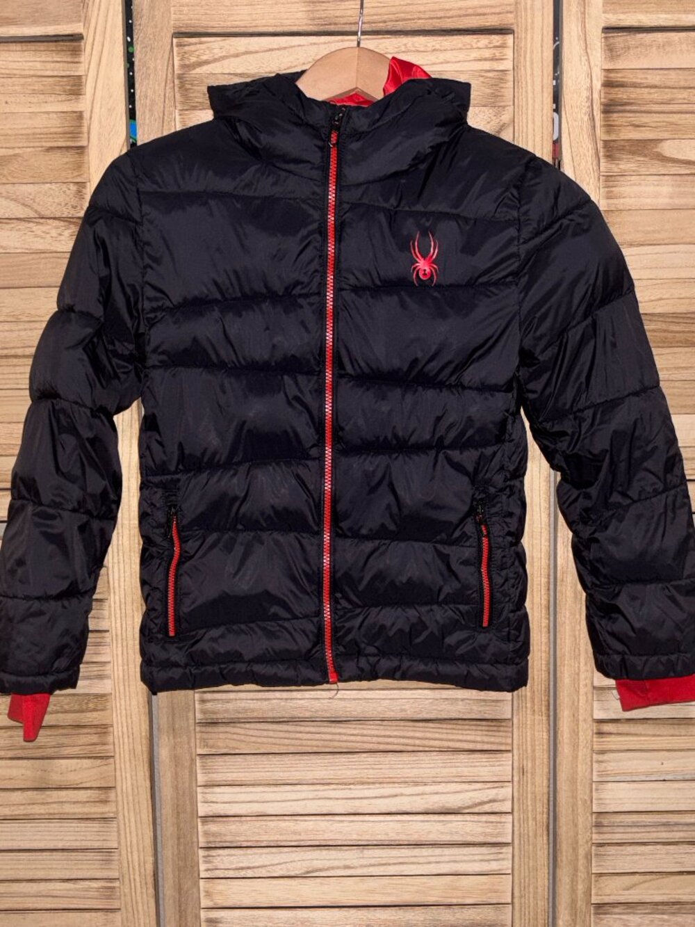 Spyder Boys Black & Red Hooded Insulated Puffer Jacket | Size S (7/8) | EUC